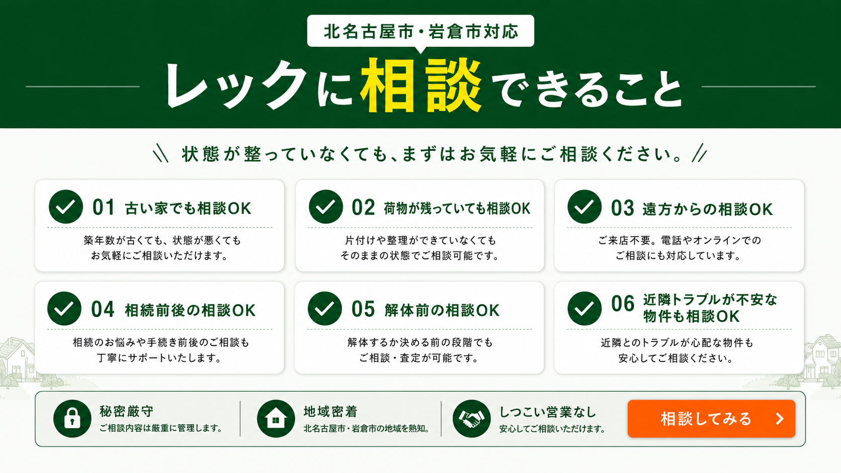 レックに相談できること。古い家、荷物が残った家、遠方から、相続前後、解体前、近隣トラブルが不安な物件も相談できます。