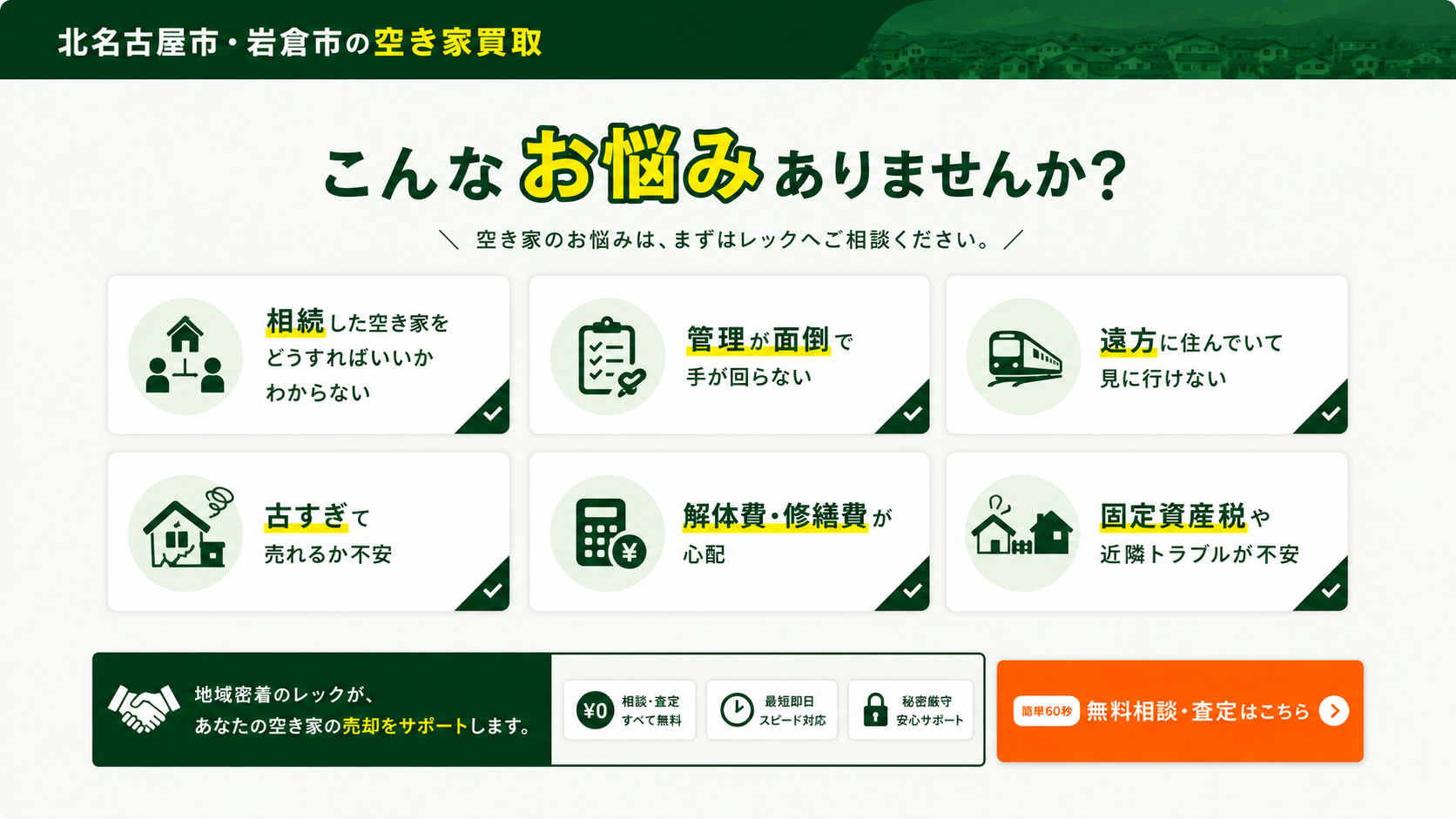 こんなお悩みありませんか。相続した空き家、管理、遠方、古い家、解体費、固定資産税や近隣トラブルの不安。