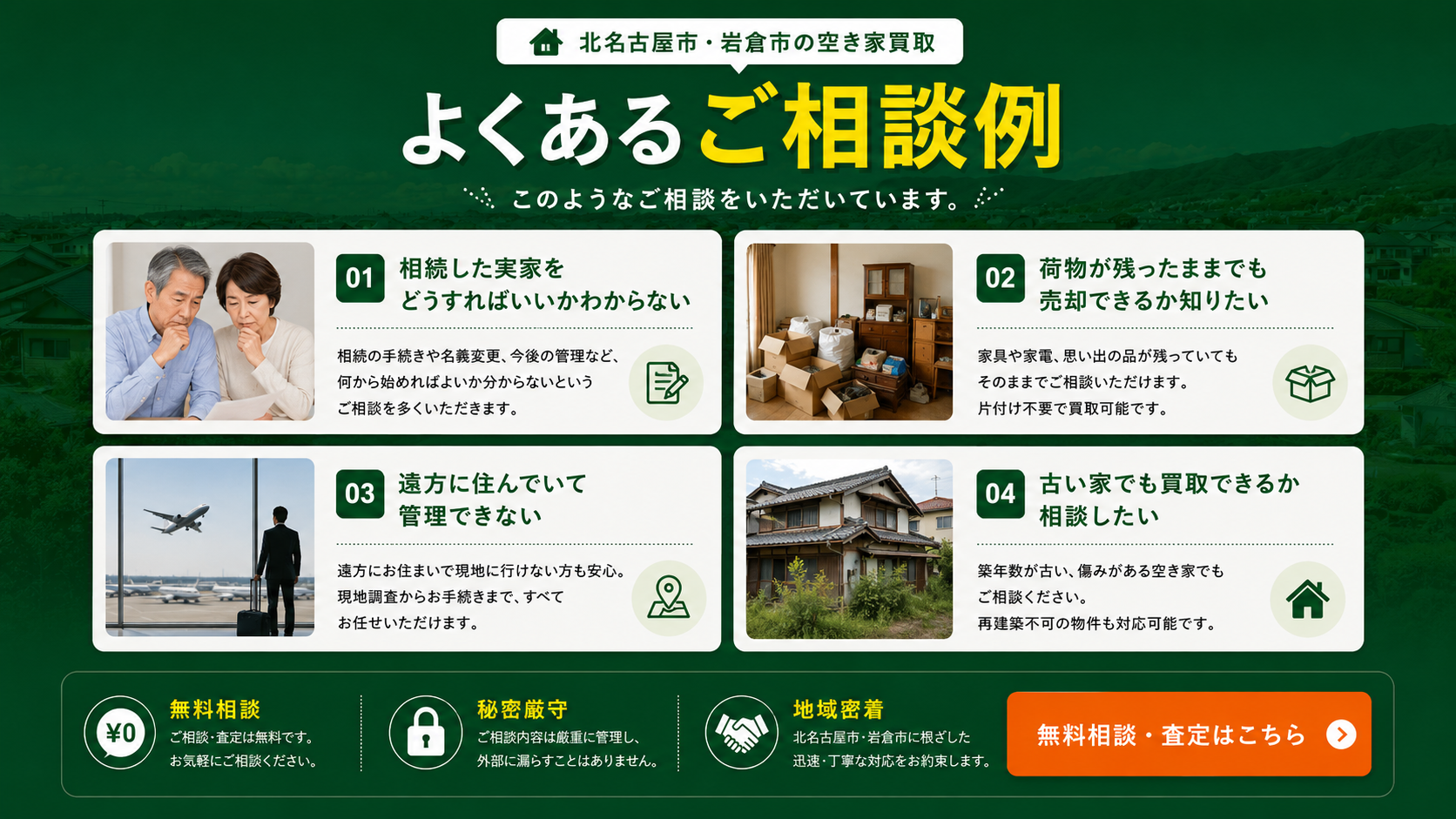 北名古屋市・岩倉市の空き家買取。よくあるご相談例。相続した実家、荷物が残った空き家、遠方管理、古い家の相談。
